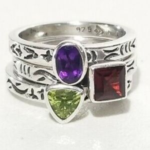 Vintage Silpada Sterling Silver Peridot Amethyst Garnet 3 Ring Set R0455 Size 7